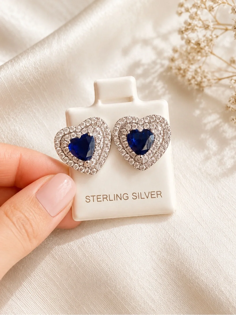 Sterling Silver Blue Heart Halo Stud Earrings | Cubic Zirconia | Elegant